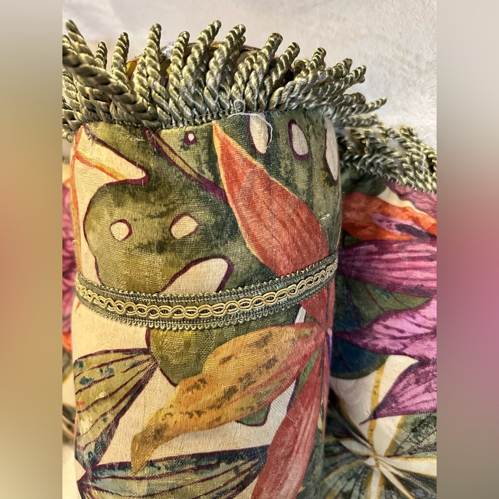 Vintage Tropical Fringe Pillow Set 3 Botanical Floral Bolster Decor Boho - Picture 4 of 4